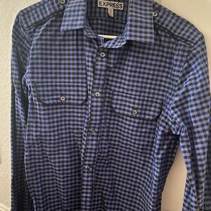 Express Blue Checkered Men's Long Sleeve Shirt